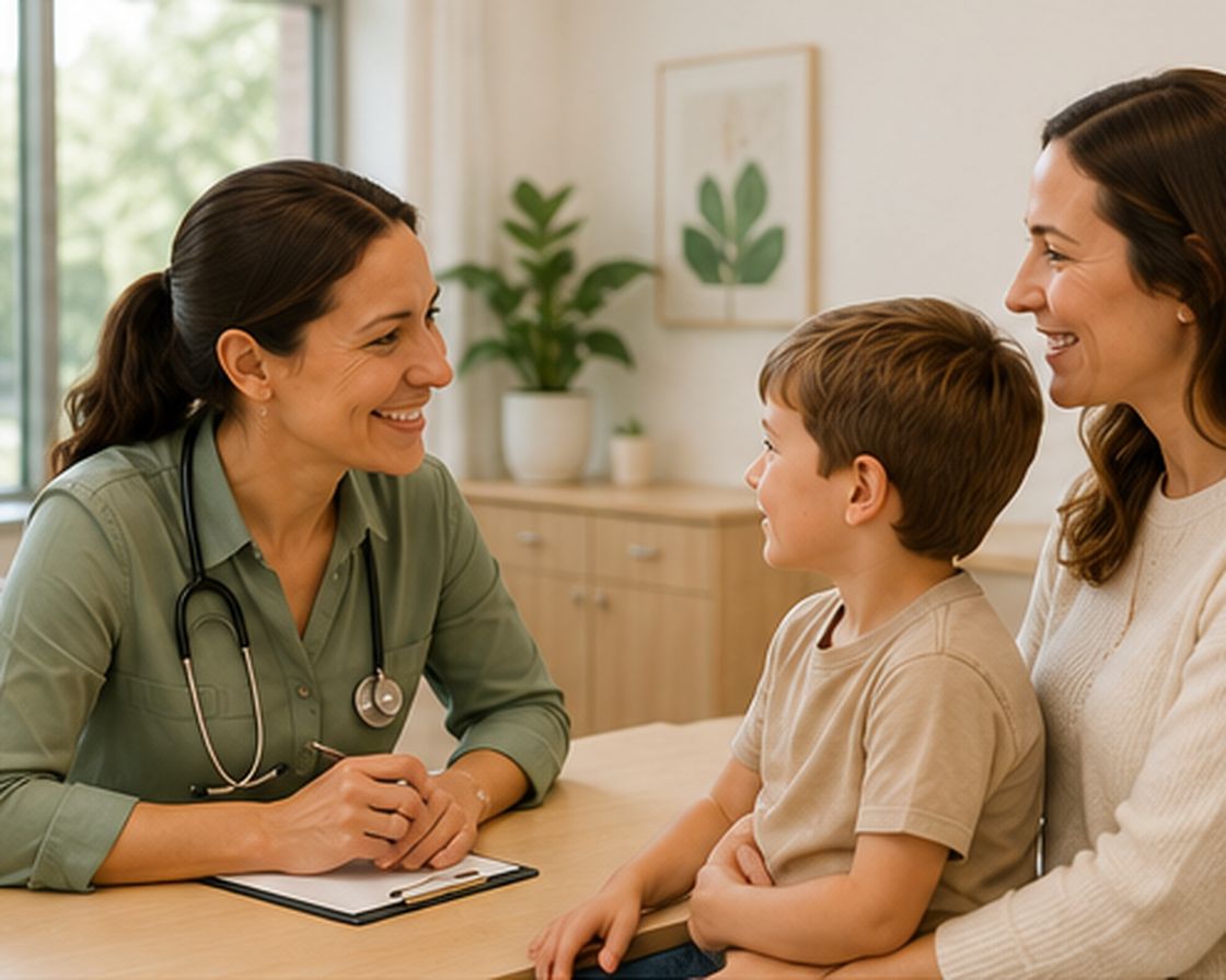 Paediatrician consulting with a parent and child